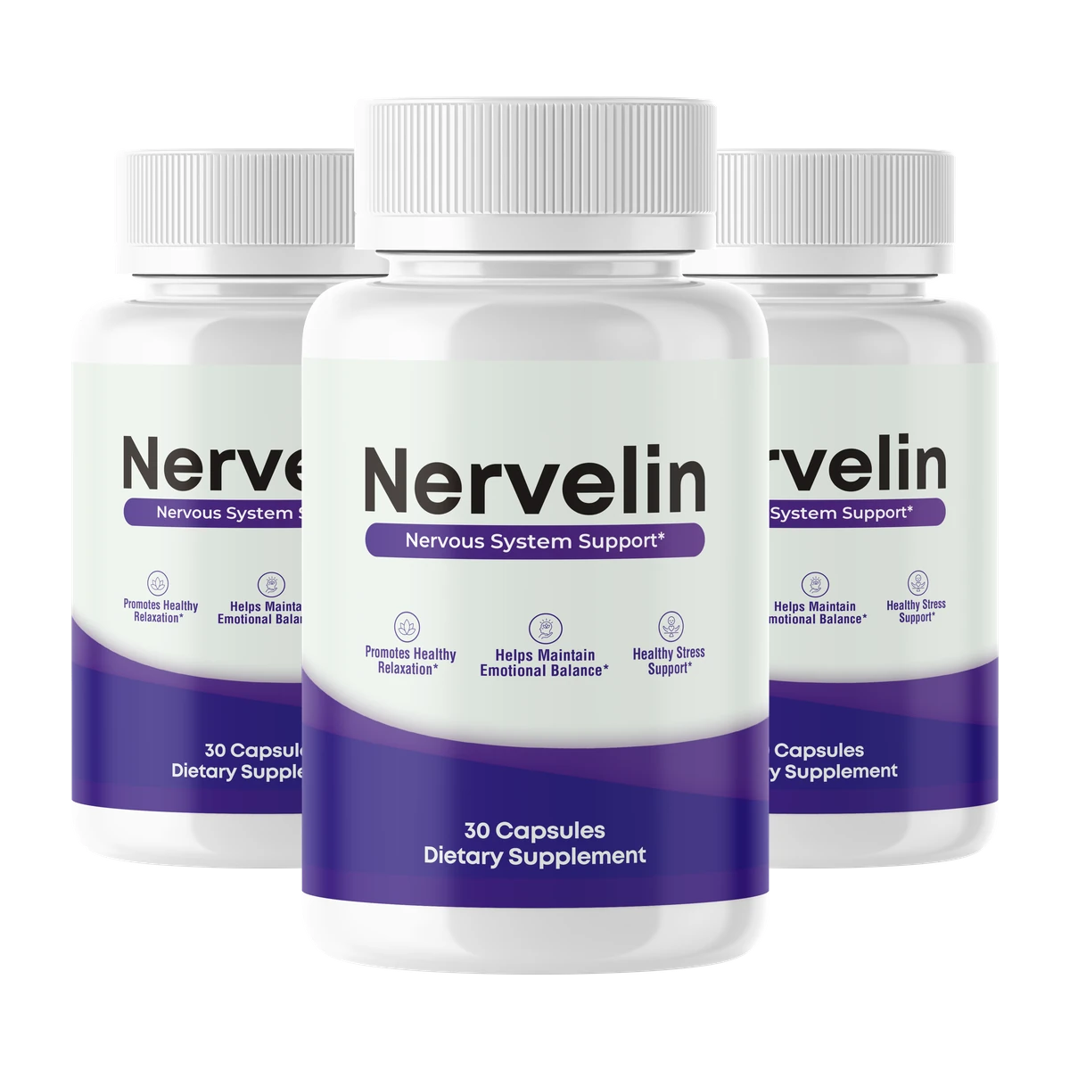 Nervelin nervous system support capsules, three-bottle bundle showing the 30-capsule dietary supplement label