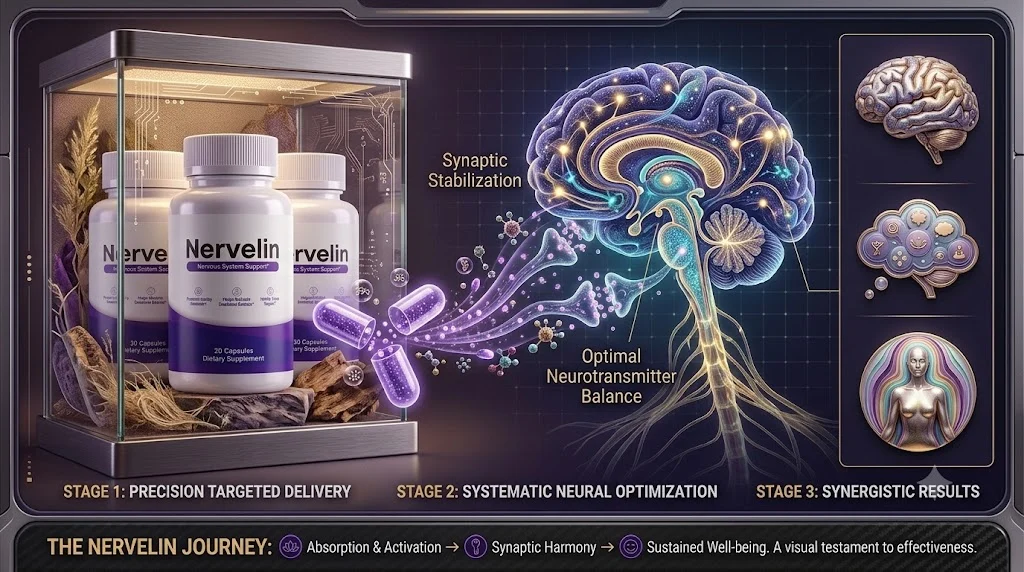 Nervelin three-stage process diagram: precision targeted delivery, systematic neural optimisation and synergistic results